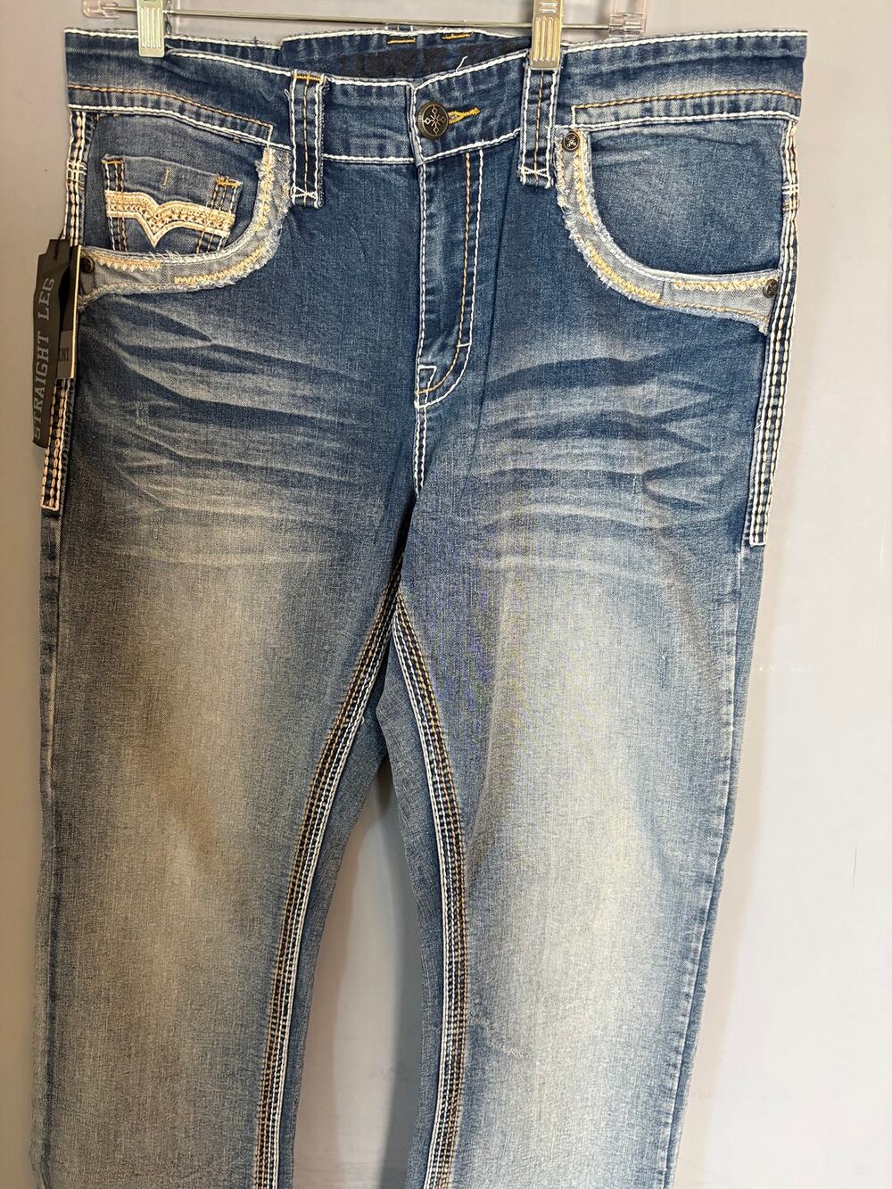 Lamasini Men’s Blue Straight Leg Jeans Heavy Stitch Embroidered Sz 36×30 NWT